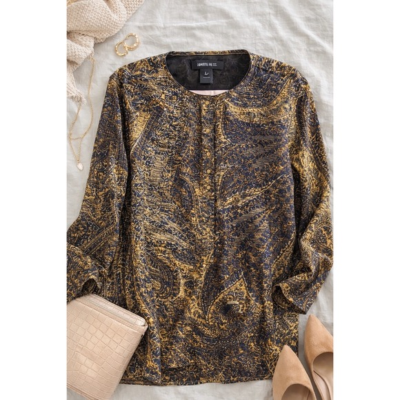 Lafayette 148 New York Tops - Lafayette 148 Silk Blouse L Navy Gold Abstract Paisley Tunic Quiet Luxury
